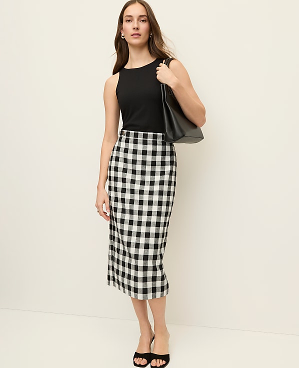 The Button Midi Skirt in Gingham Linen Blend