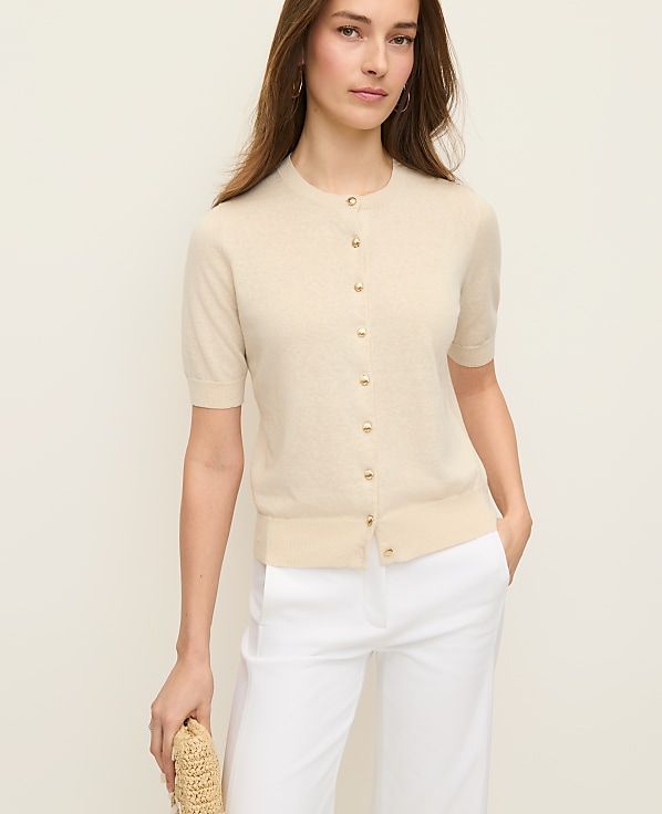 Shell Button Short Sleeve Linen Cardigan