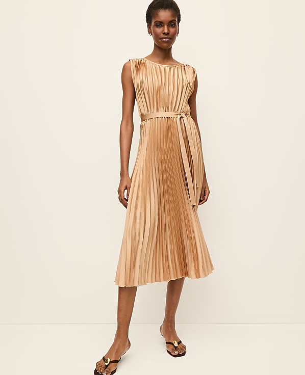 Petite Pleated Satin Midi Dress