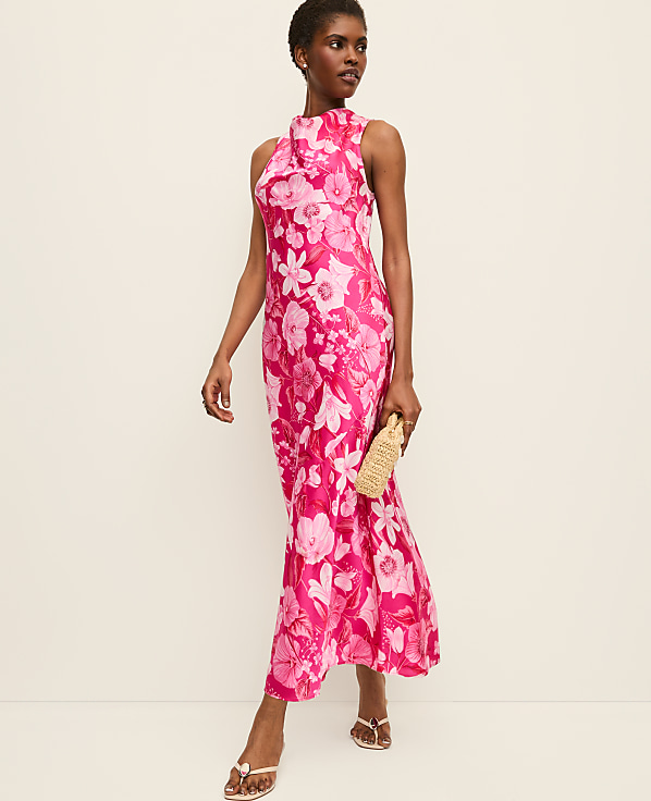 Floral Satin Halter Dress