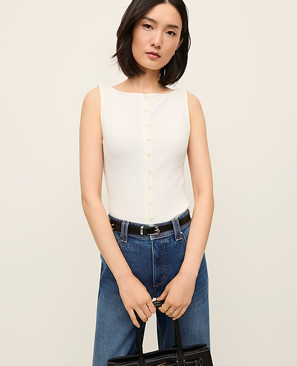 Petite Ribbed Sleeveless Button Top