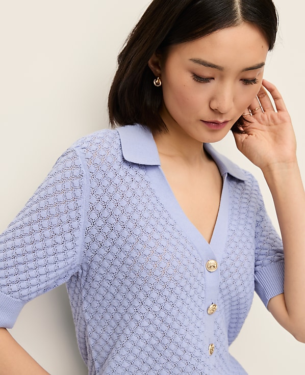 Petite Pointelle Polo Sweater