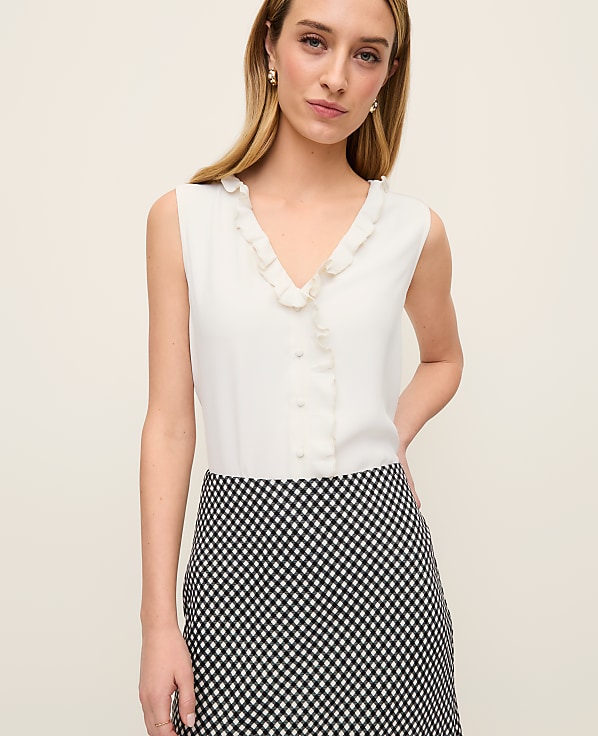 Petite Mixed Media V-neck Ruffle Shell