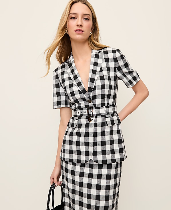 The Belted Greenwich Blazer in Gingham Linen Blend