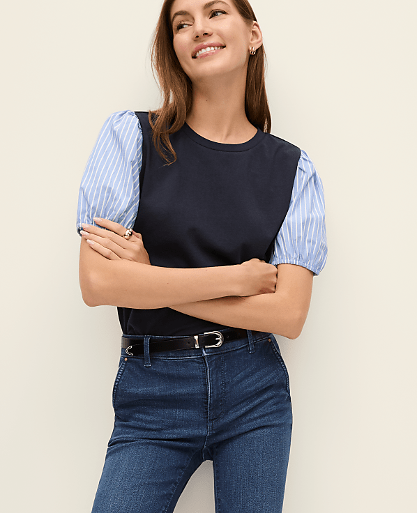 Petite Weekend Mixed Media Striped Top