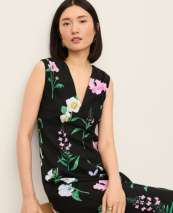 Petite Floral Linen Blend Midi Dress