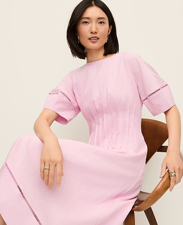 Petite Pintuck Linen Blend Midi Dress