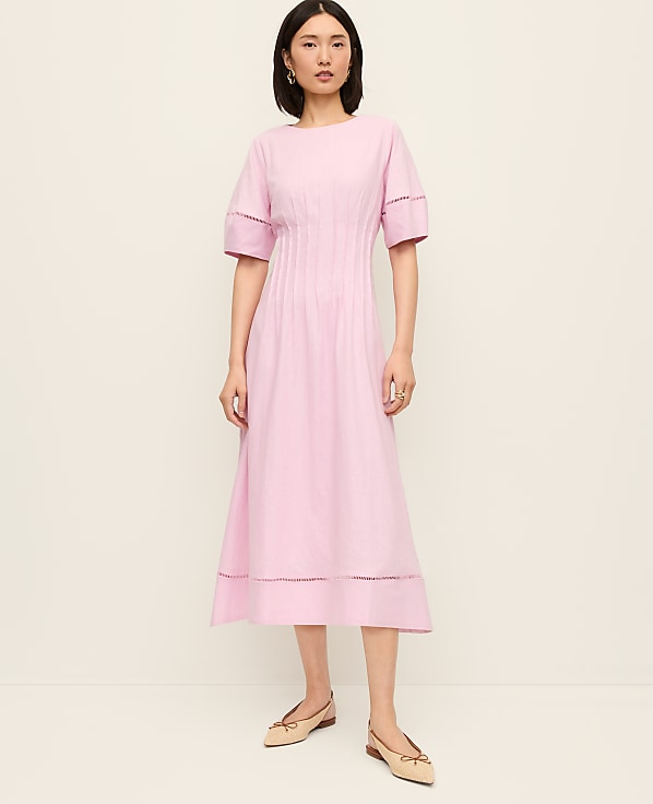 Petite Pintuck Linen Blend Midi Dress