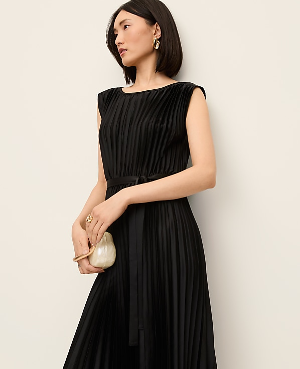 Pleated Satin Midi Dress