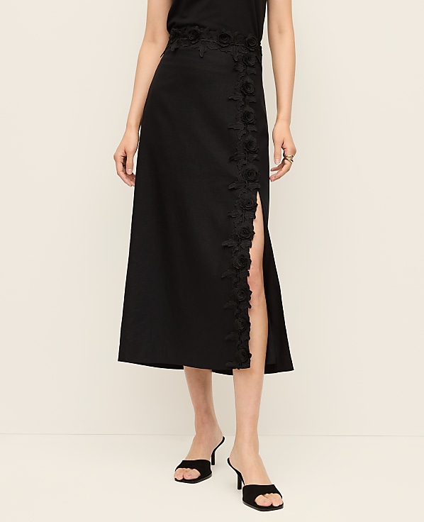Lace Trim Linen Blend Midi Skirt