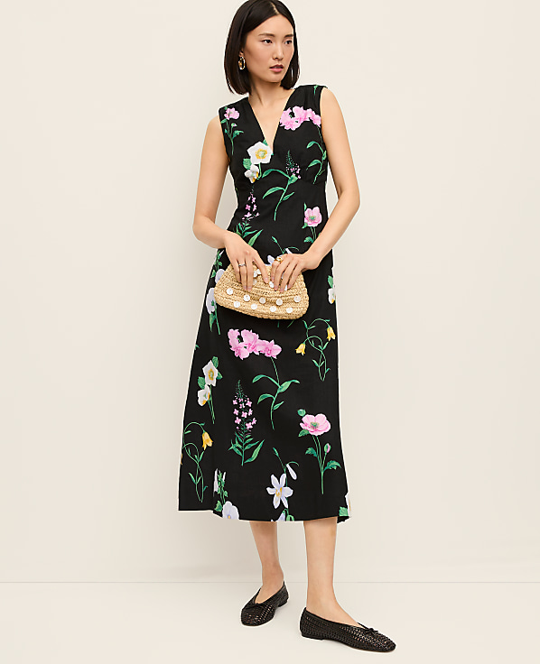 Floral Linen Blend Midi Dress