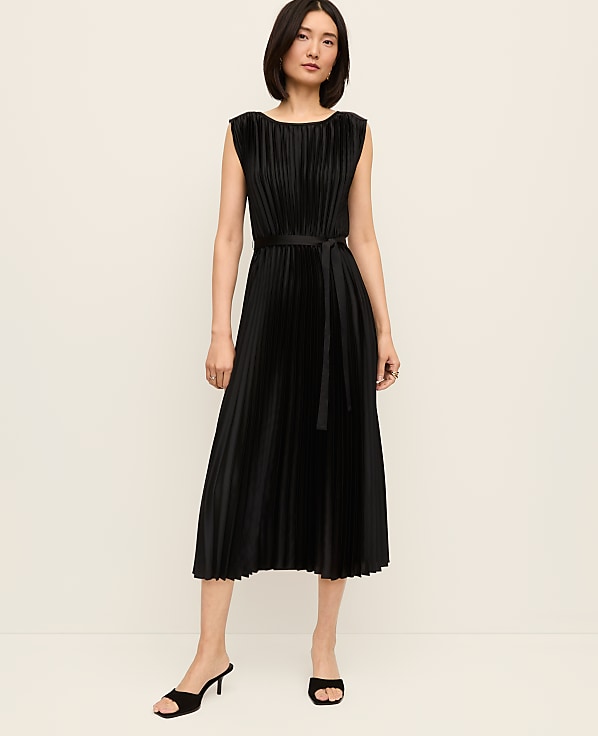 Pleated Satin Midi Dress