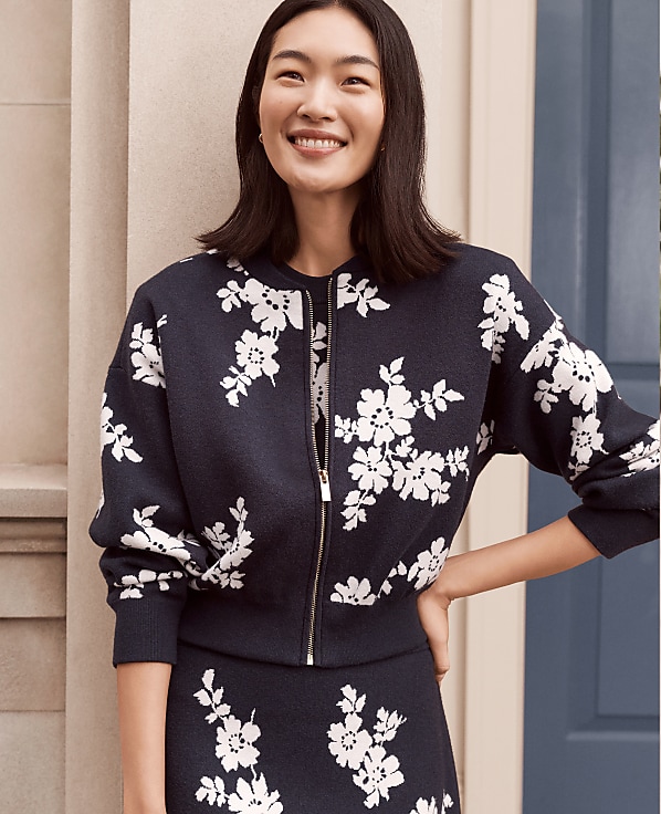 Floral Jacquard Bomber Sweater Jacket