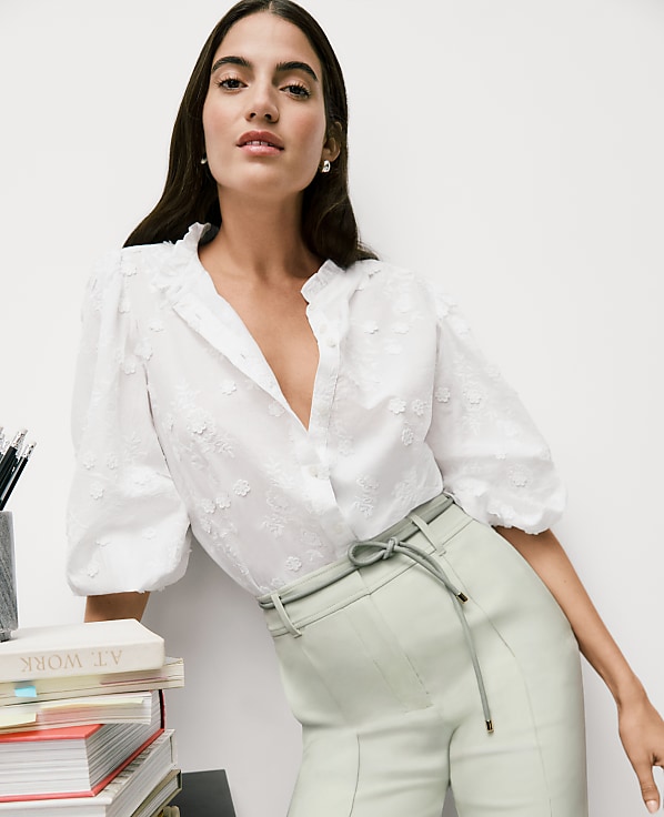 Petite Embroidered Ruffle Collar Shirt