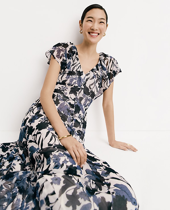 Petite Floral Flutter Sleeve Midi Dress