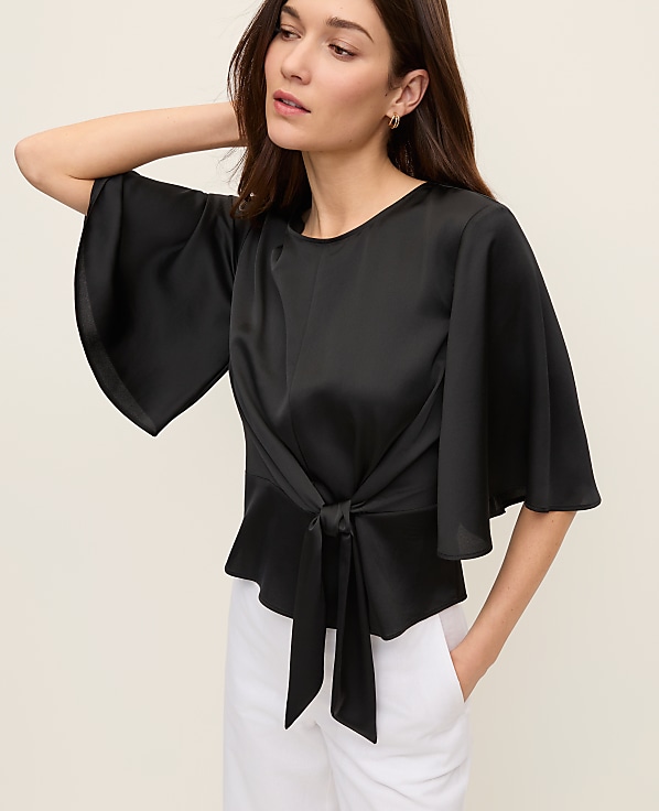 Petite Satin Tie Waist Blouse