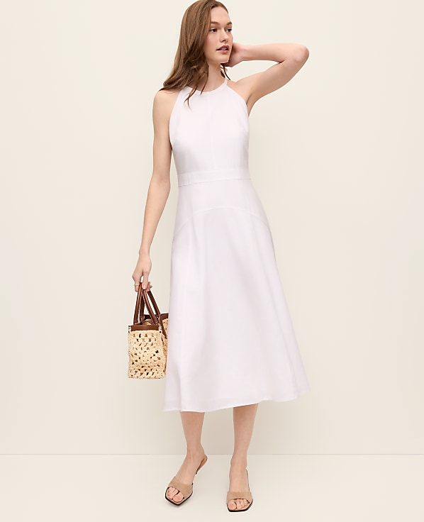Petite Halter Flare Midi Dress in Linen Blend