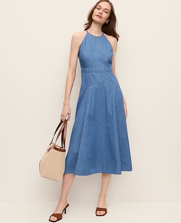 Halter Flare Midi Dress in Chambray