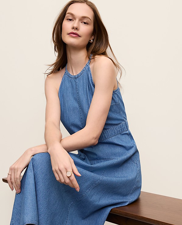 Petite Halter Flare Midi Dress in Chambray