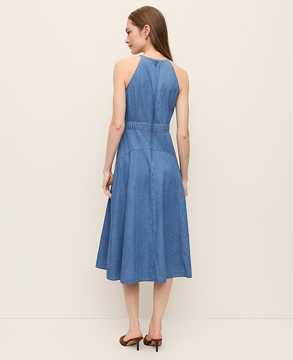 Halter Flare Midi Dress in Chambray
