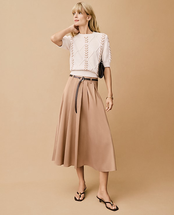 Petite Belted Pleated Midi Skirt