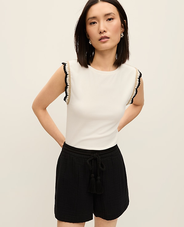 Petite Crochet Trim Crew Neck Top
