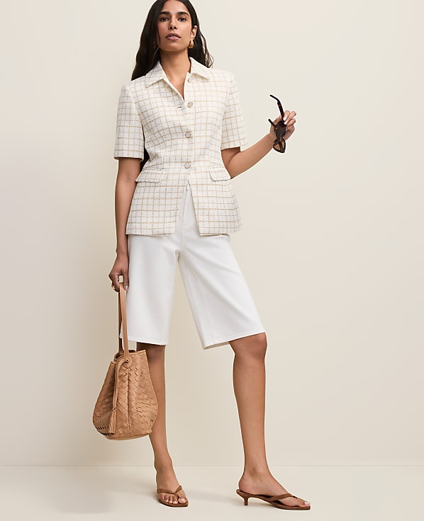 The Petite Short Sleeve Cutaway Jacket in Metallic Tweed