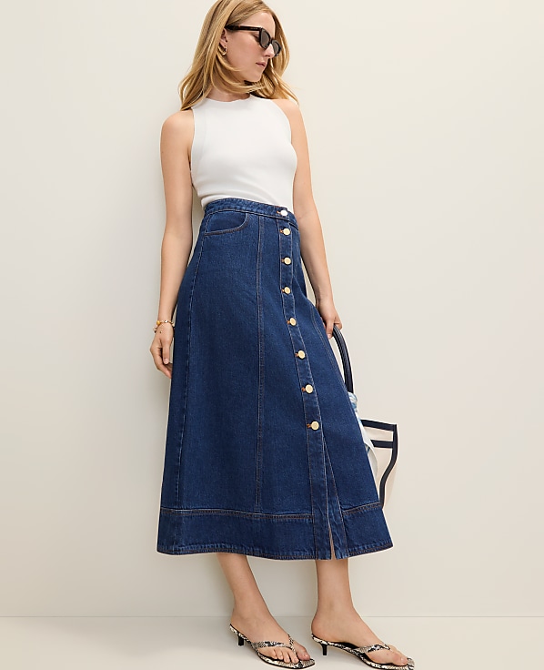 Petite Buttoned Denim Midi Skirt