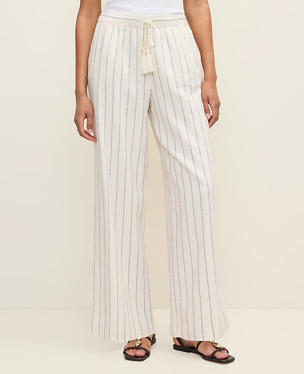 Petite Weekend Striped Easy Fit On Wide-Leg Pant in Linen Blend