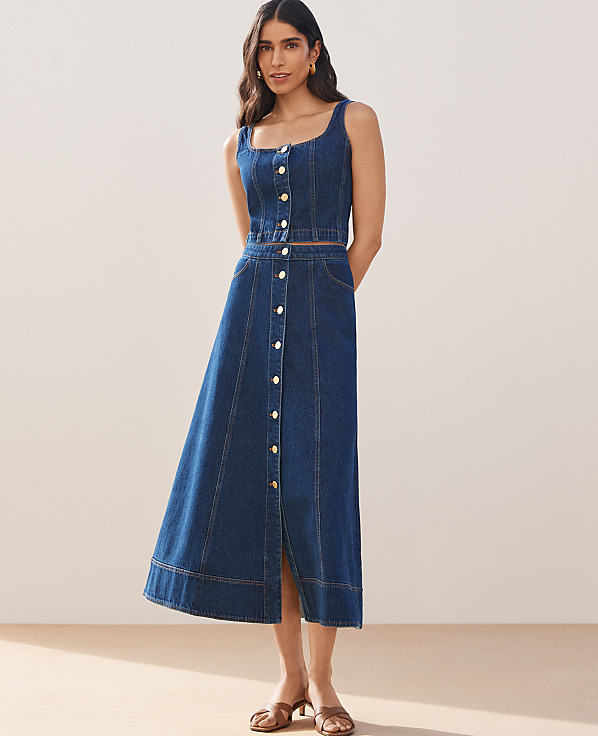 Buttoned Denim Midi Skirt