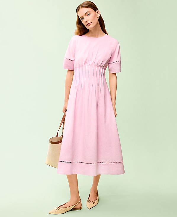 Petite Pintuck Linen Blend Midi Dress