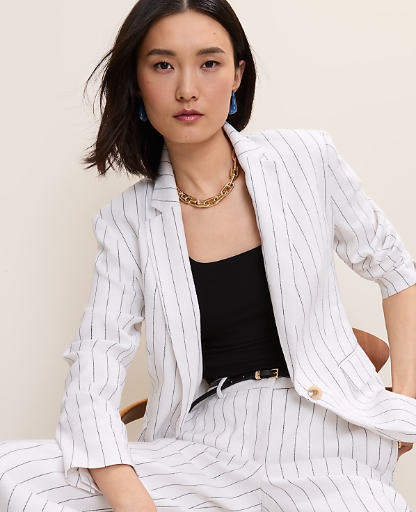 The Petite Pinstripe Long One Button Blazer in Linen Blend