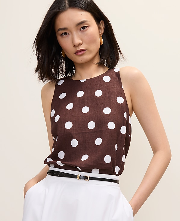 Polka Dot Halter Tank Top in Linen Blend
