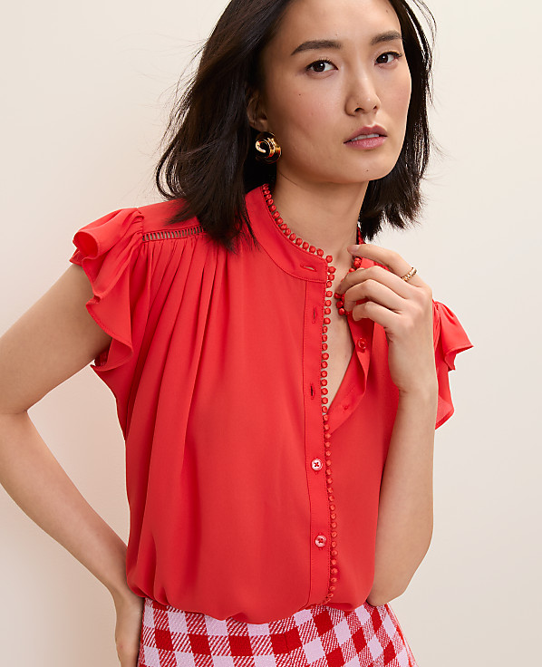 Petite Flutter Sleeve Button Down Blouse