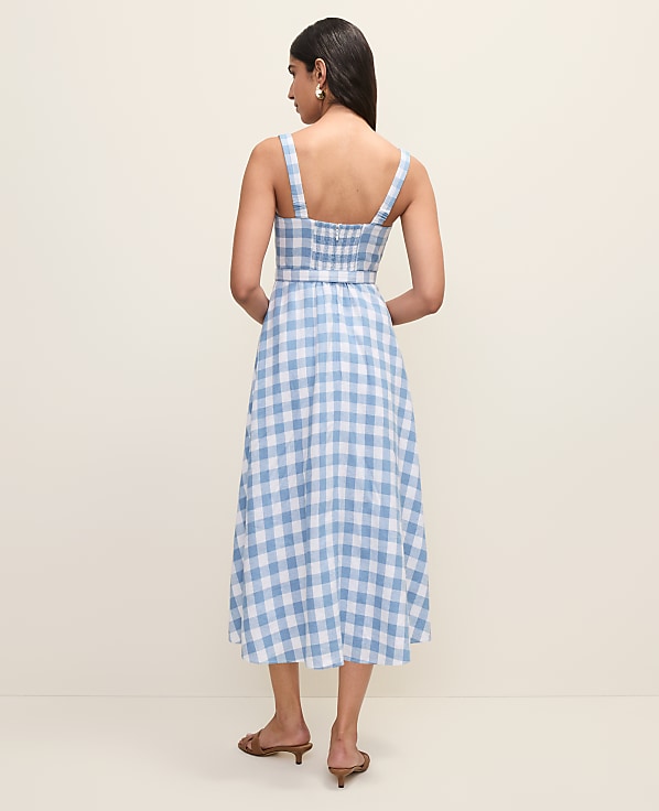 Gingham Belted Midi Dress in Linen Blend