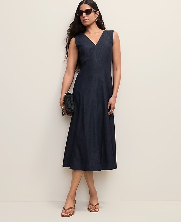 V-Neck Chambray Flare Midi Dress