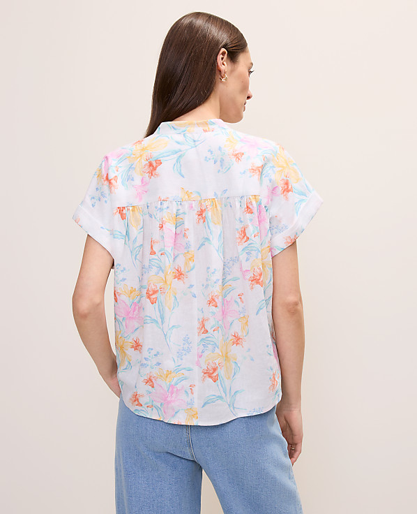 Petite Floral Linen Blend Split Neck Blouse