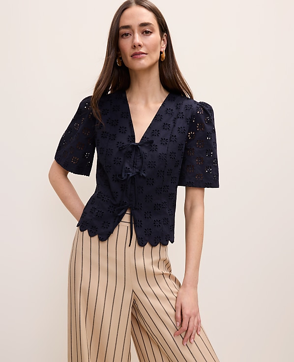 Petite Eyelet Tie Front Blouse