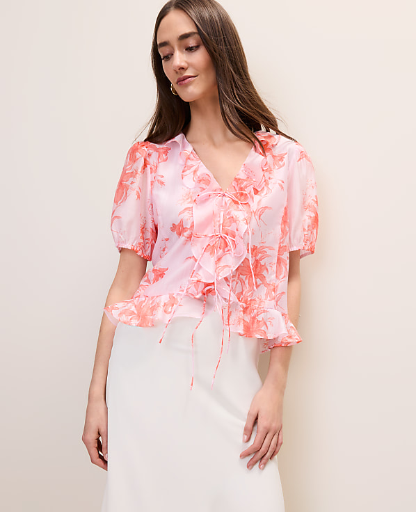 Petite Floral Ruffle Trim Blouse