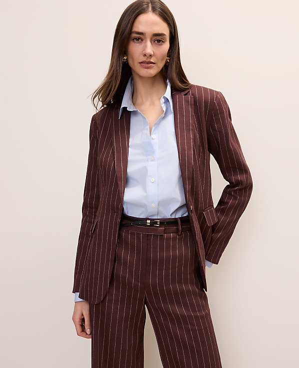 The Petite Pinstripe Long One Button Blazer in Linen Blend