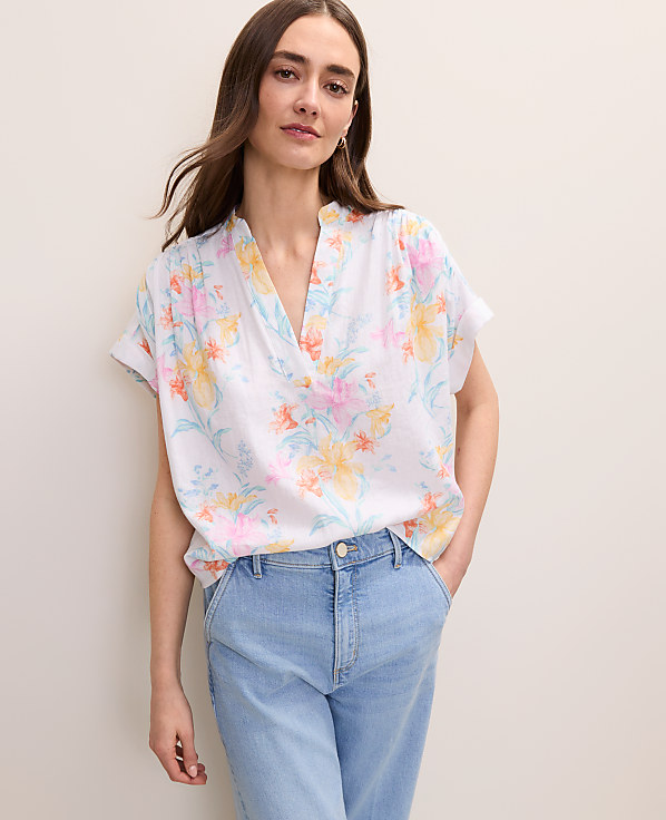 Petite Floral Linen Blend Split Neck Blouse