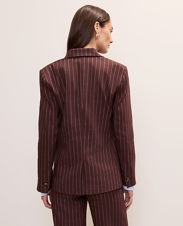 The Pinstripe Long One Button Blazer in Linen Blend