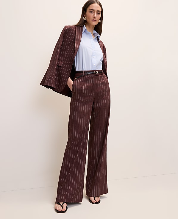 The Pinstriped Wide-Leg Flare Trouser in Linen Blend