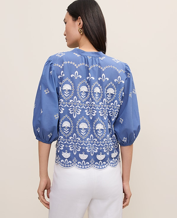 Petite Embroidered Puff Sleeve Blouse