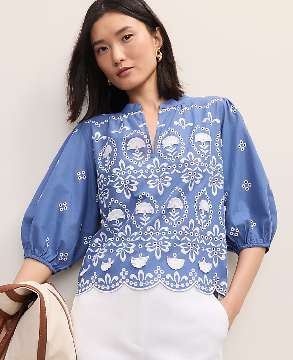 Embroidered Puff Sleeve Blouse