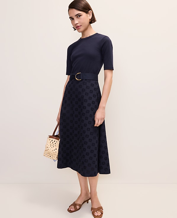 Petite Belted Eyelet Flare Midi Dress