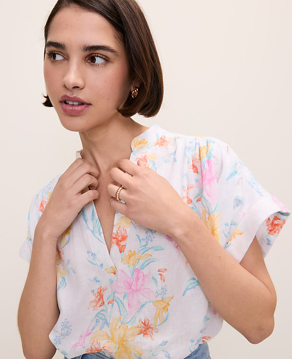 Petite Floral Linen Blend Split Neck Blouse