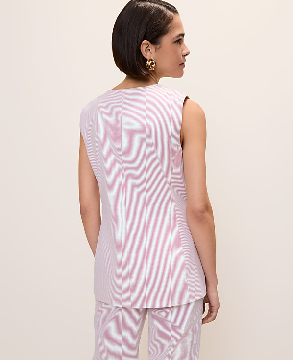 The Petite Long Crew Neck Vest in Seersucker