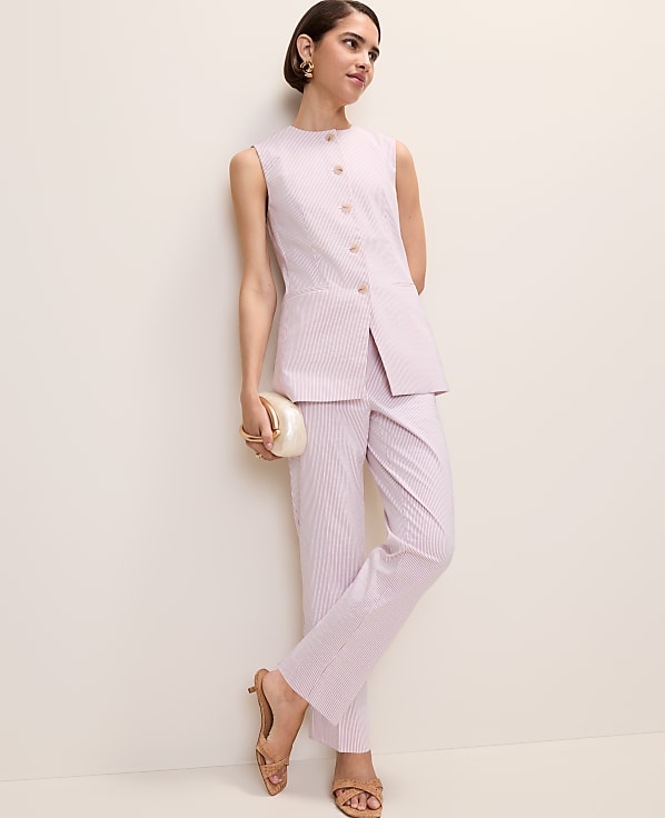 The Petite Long Crew Neck Vest in Seersucker