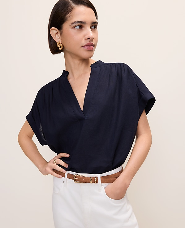 Linen Blend Split Neck Blouse